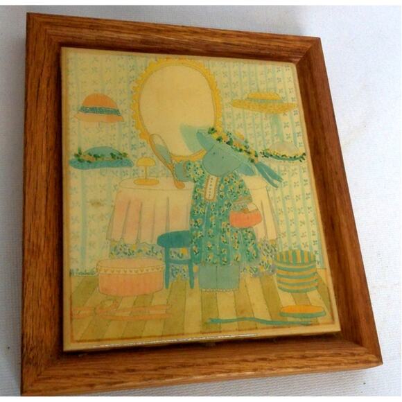 Vintage Susan Gantner Art Hippopotamus Hats Tile Trivet Plaque Framed - Picture 6 of 6